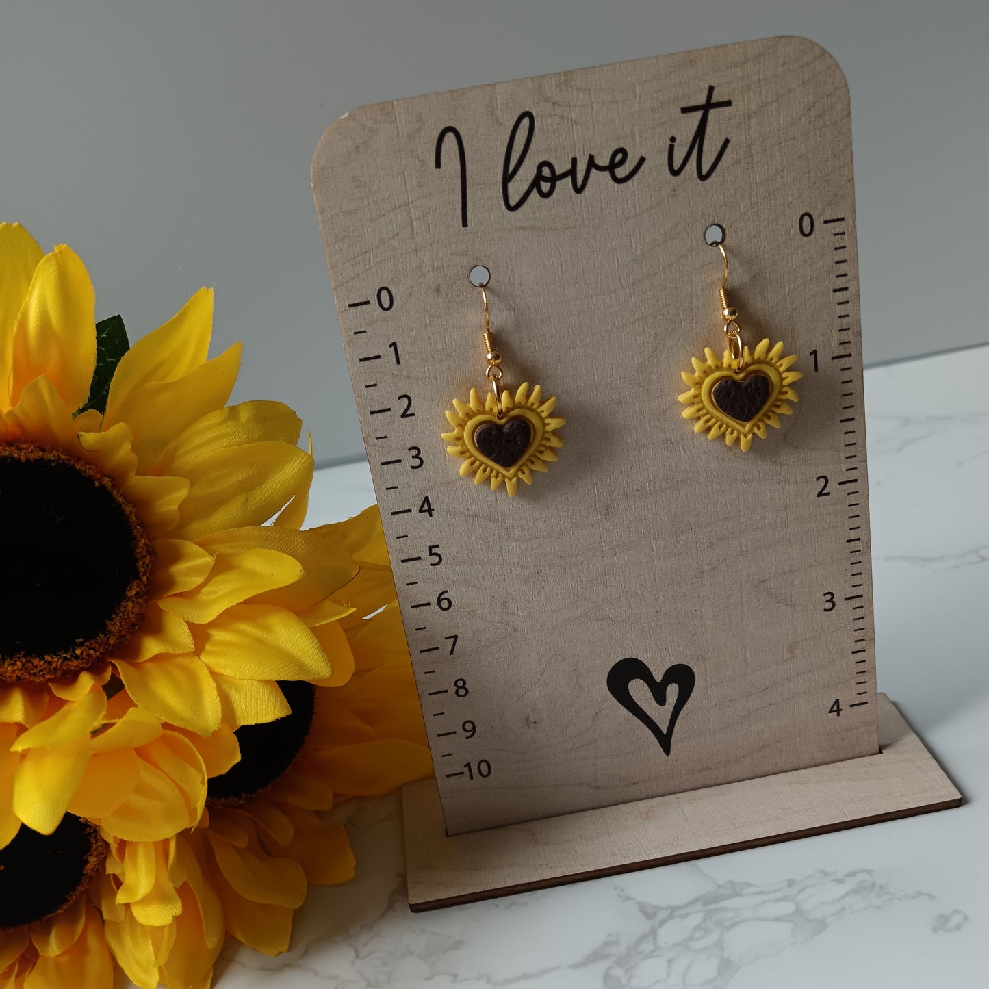 Heart Sunflower Dangle Gold Hook Earrings
