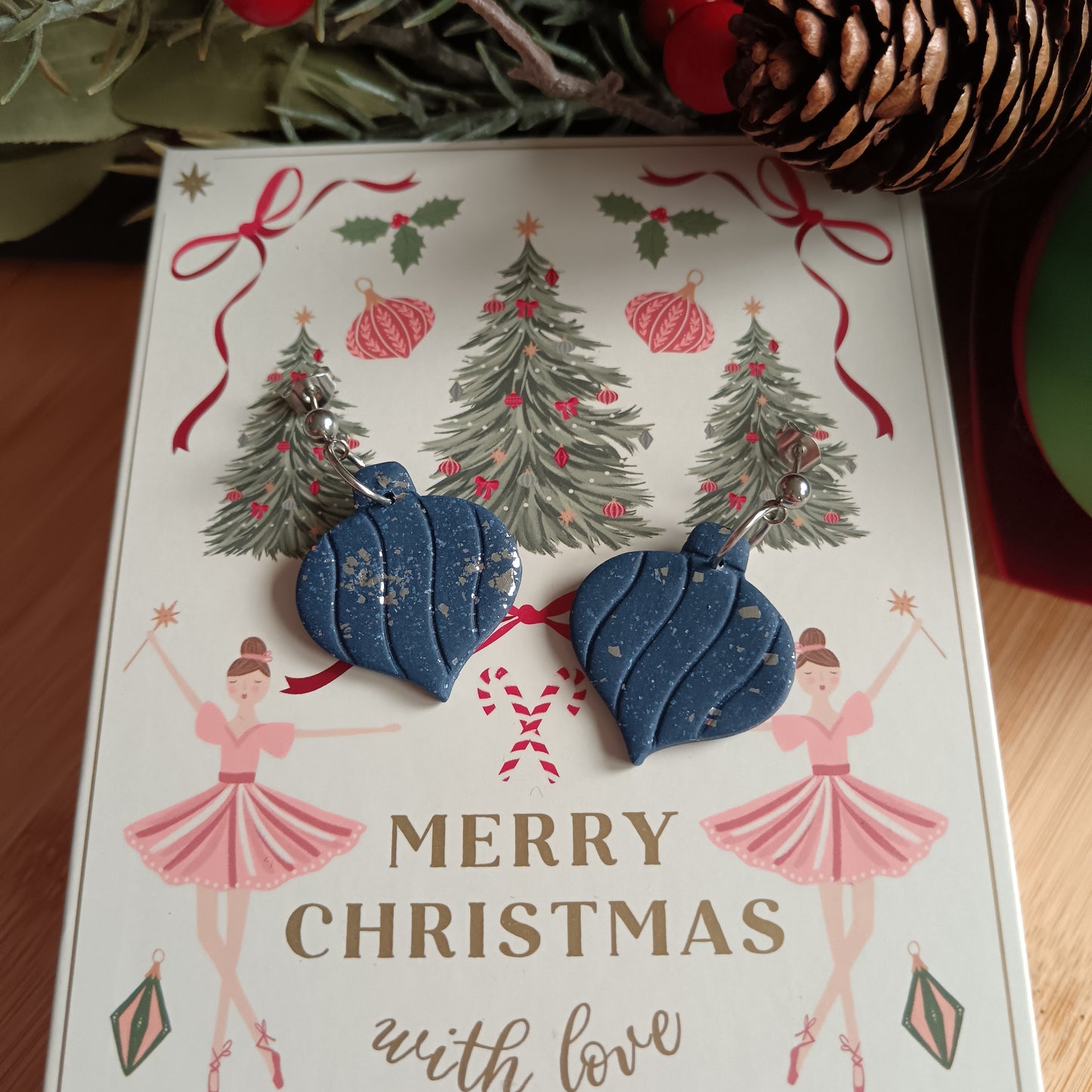 Christmas Pointy Bauble Navy Blue & Silver Dangle Stud Earrings