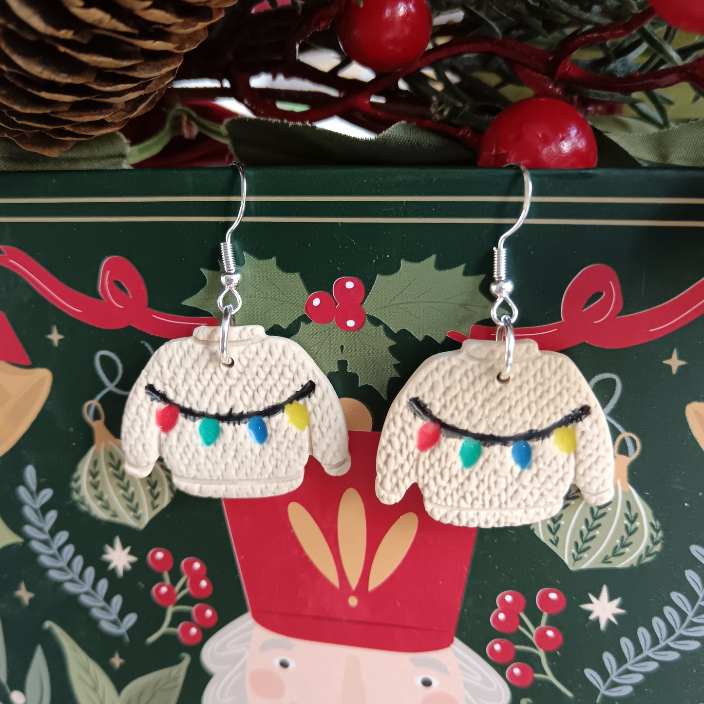 Christmas Lights Beige Jumper Hook Earrings