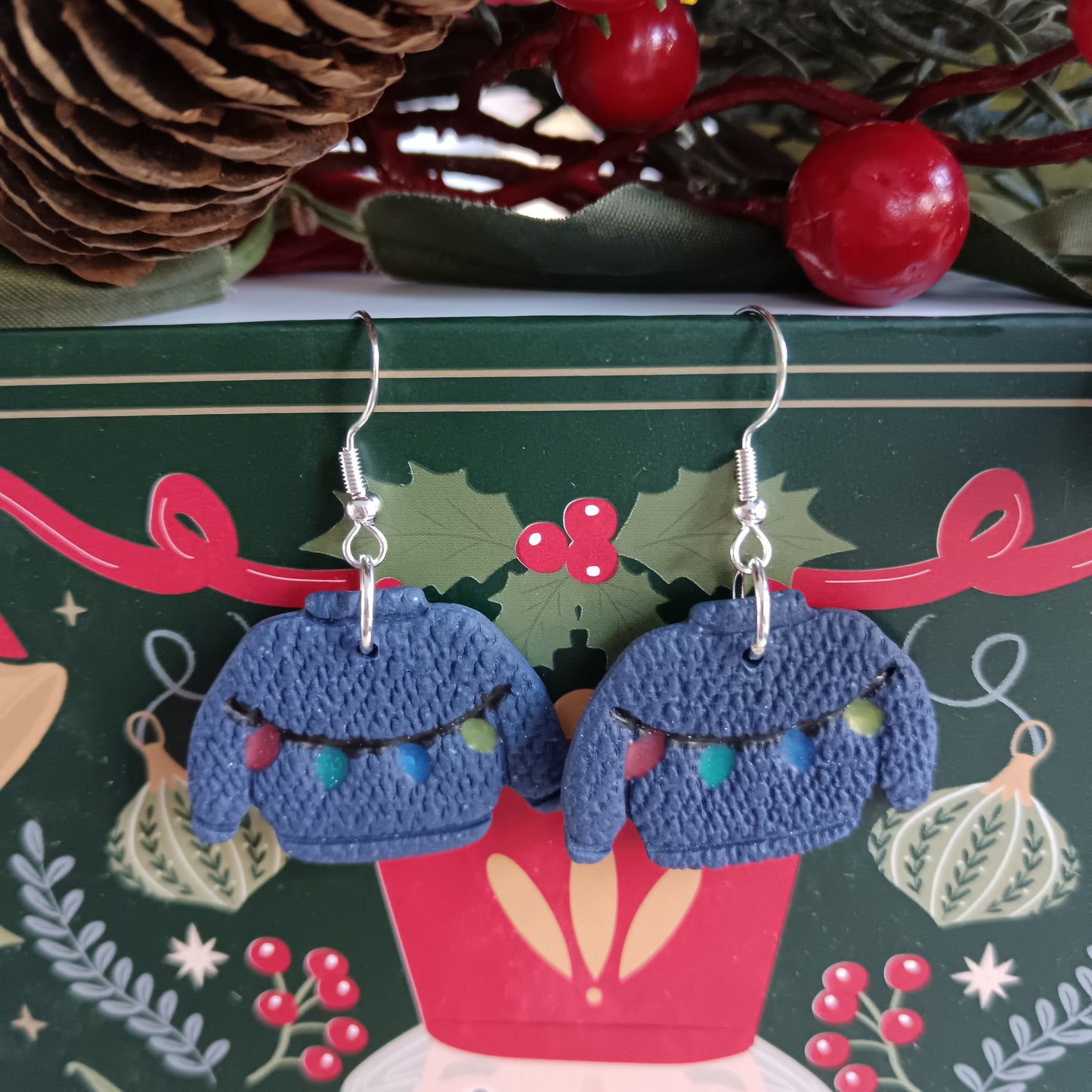 Christmas Lights Navy Blue Jumper Hook Earrings