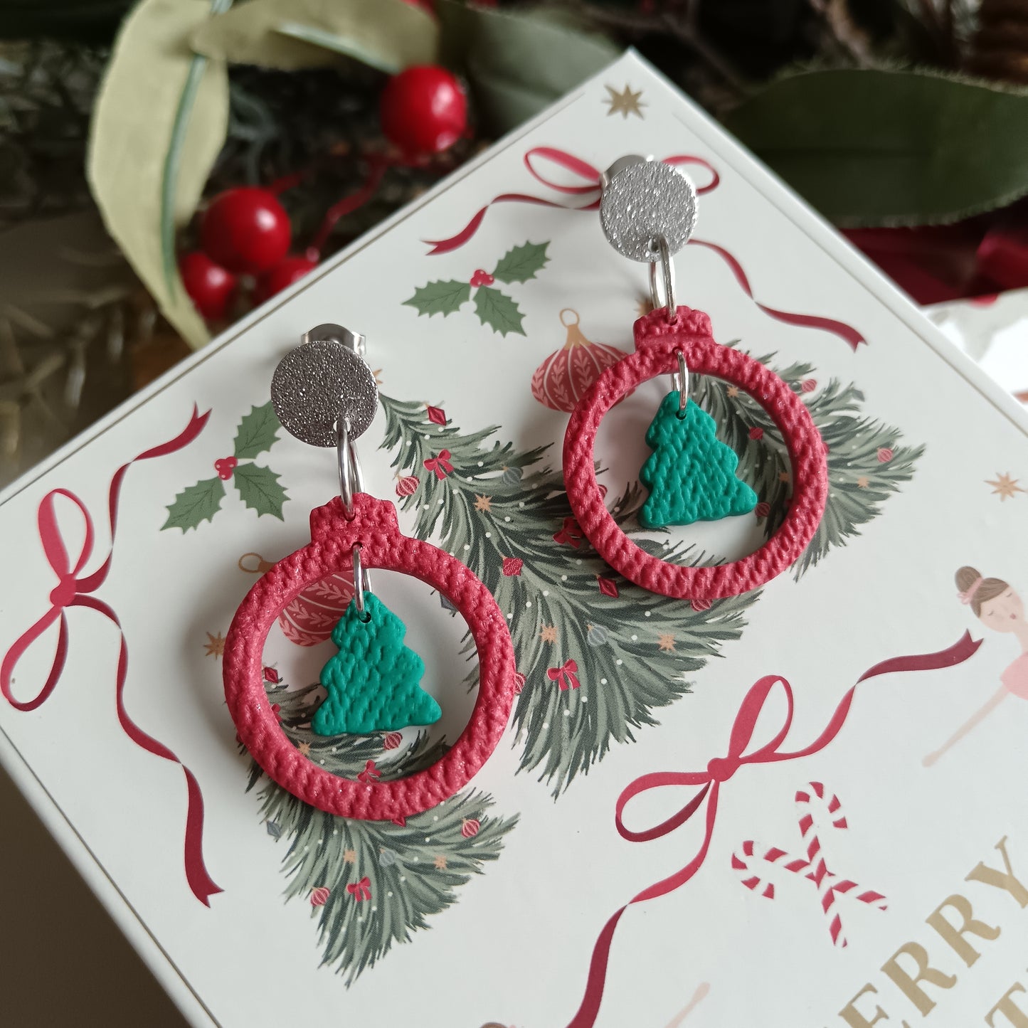 Christmas Tree Bauble Dangle Stud Earrings