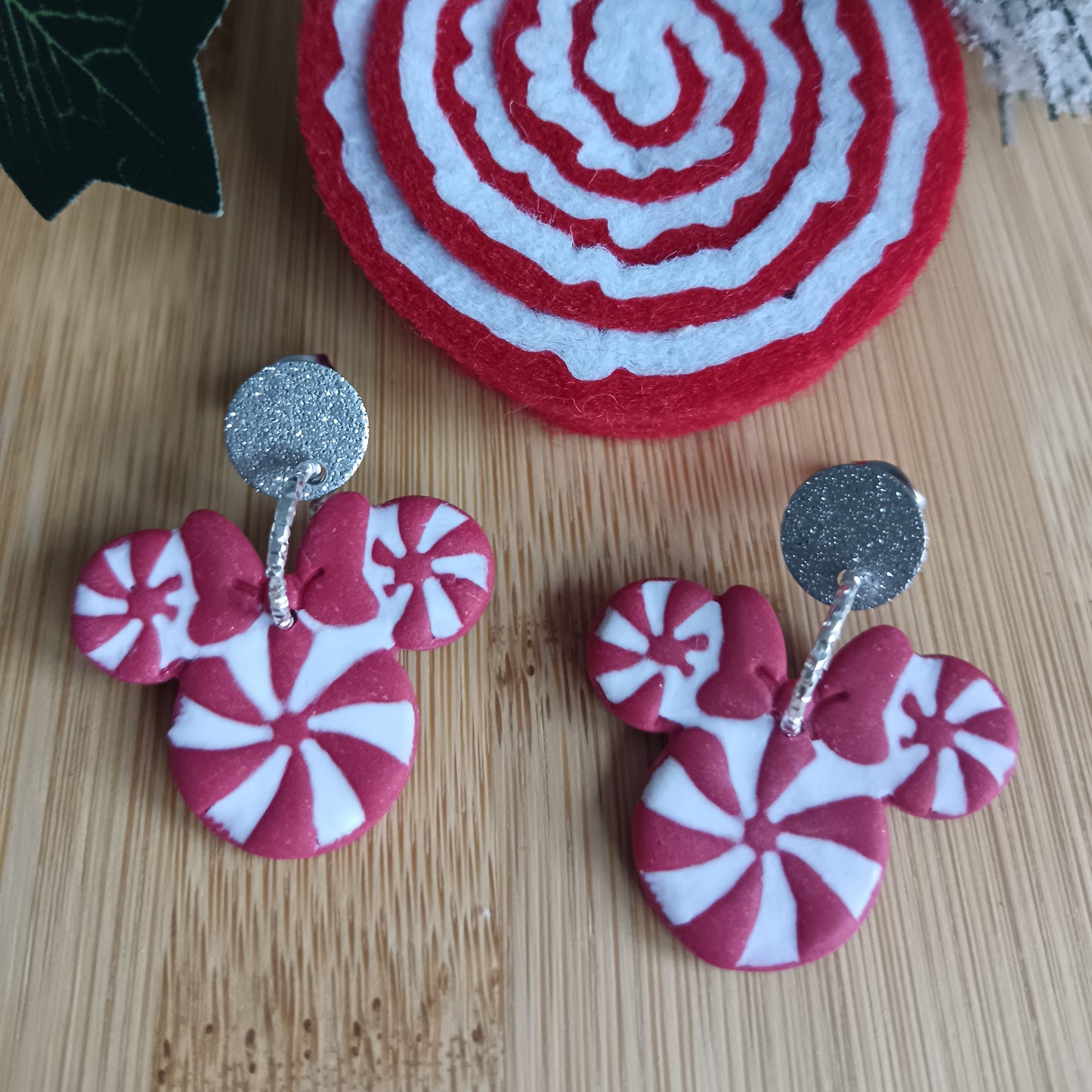 Christmas Glitter & Candy Cane Mouse Dangle Stud Earrings
