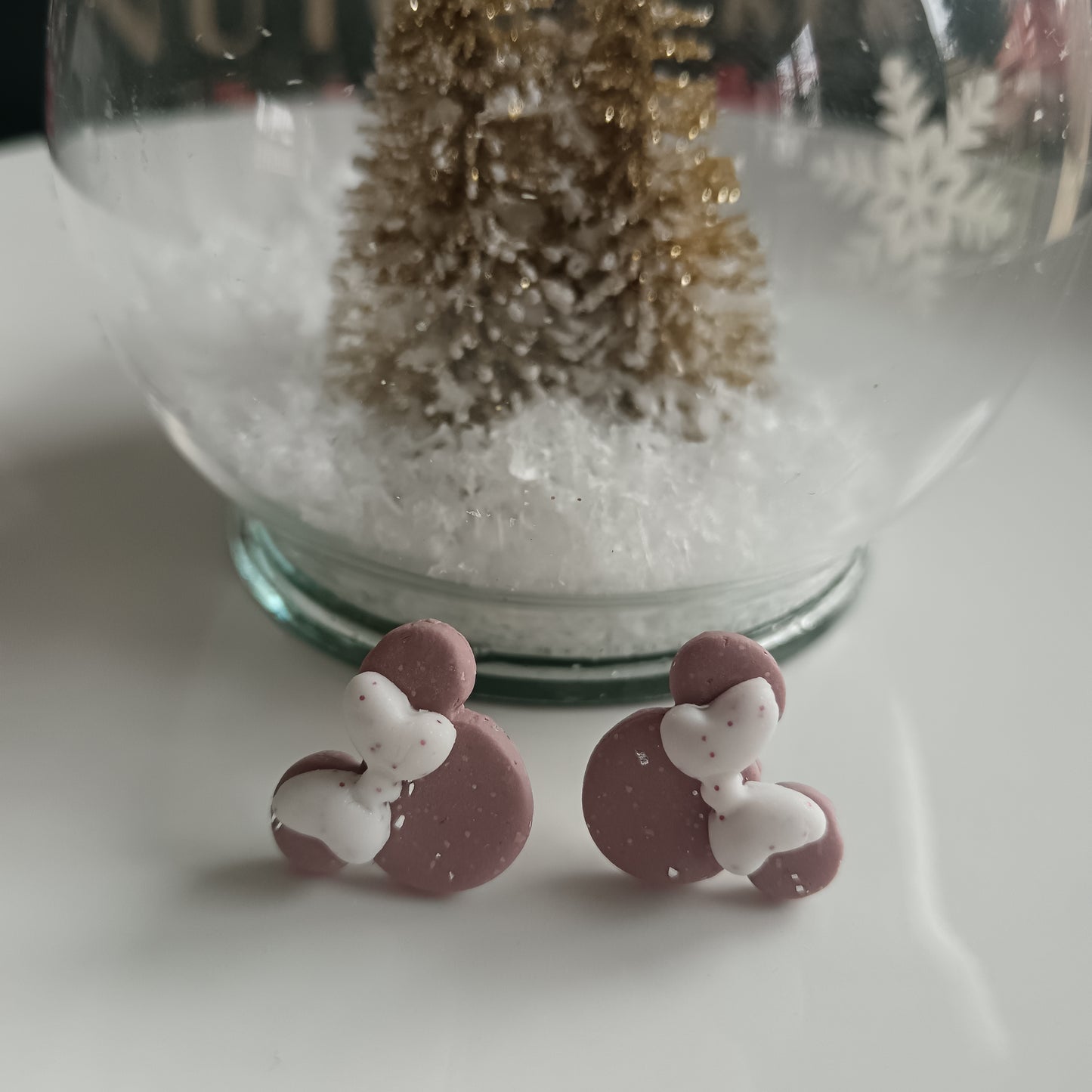 Glitter Pink & White Mouse Stud Earrings