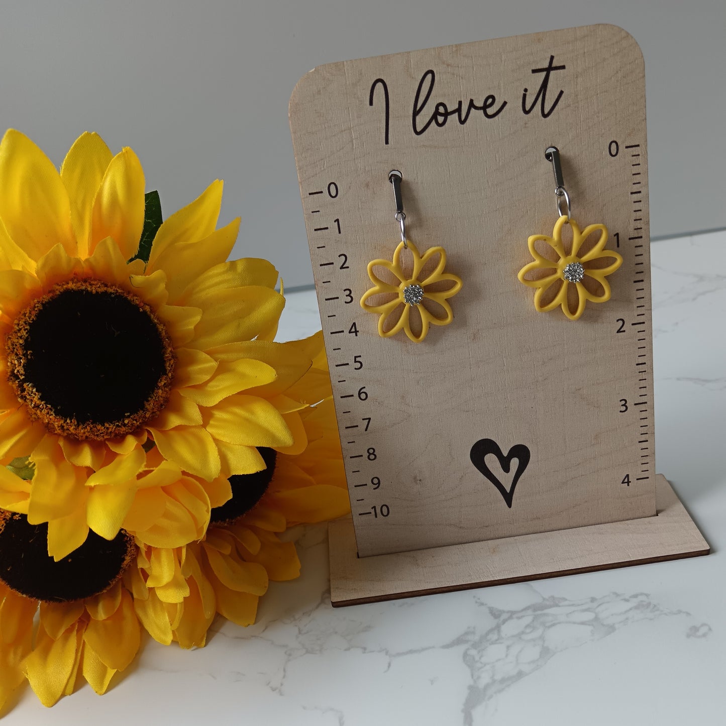 Yellow & Silver Daisy Dangle Stud Earrings
