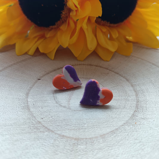 Tie Die Purple, Orange & White Heart Stud Earrings