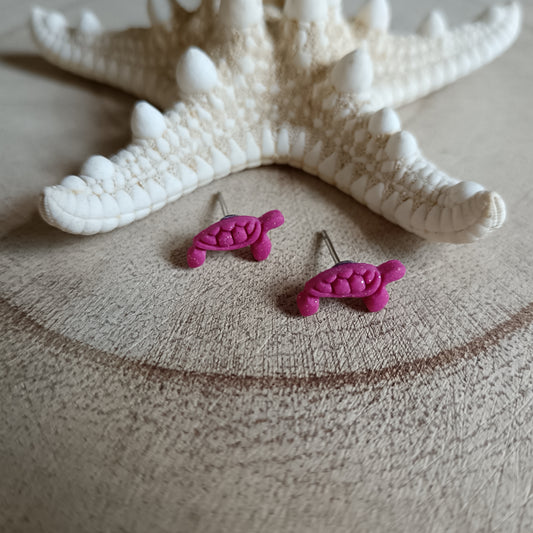 Micro Turtle Hot Pink Shimmer Stud Earrings
