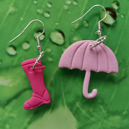 Umbrella & Welly Boot Pink Hook Earrings