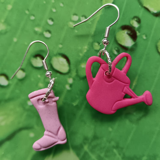 Welly Boot & Watering Can Pink Hook Earrings