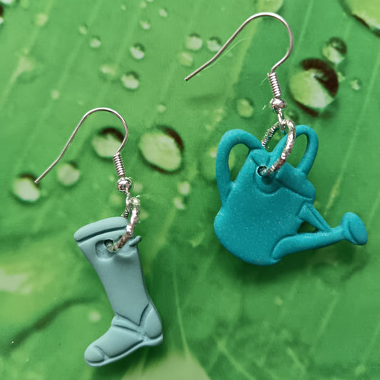Welly Boot & Watering Can Green Hook Earrings