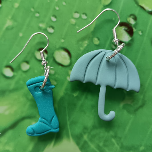 Umbrella & Welly Boot Green Hook Earrings