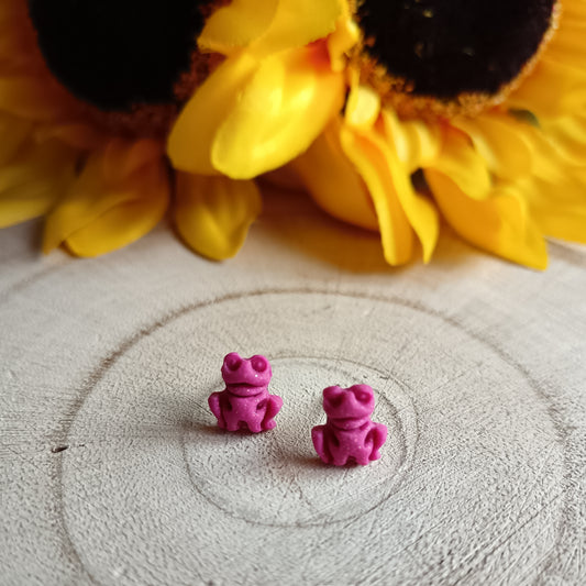 Micro Frog Hot Pink Shimmer Stud Earrings