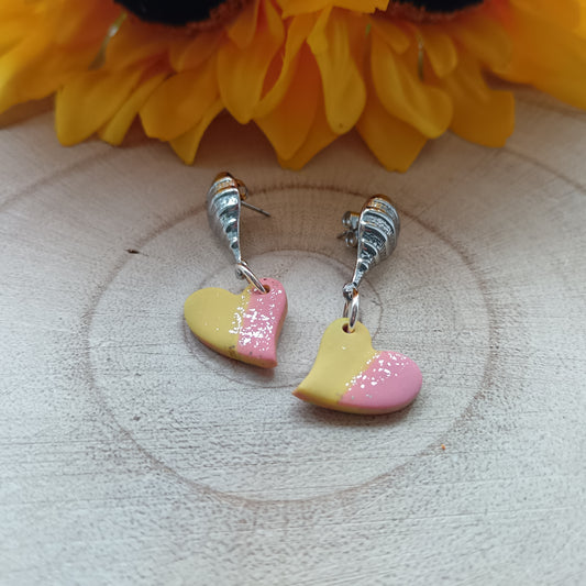 Pink & Yellow Pastel Heart Stud Dangle Earrings