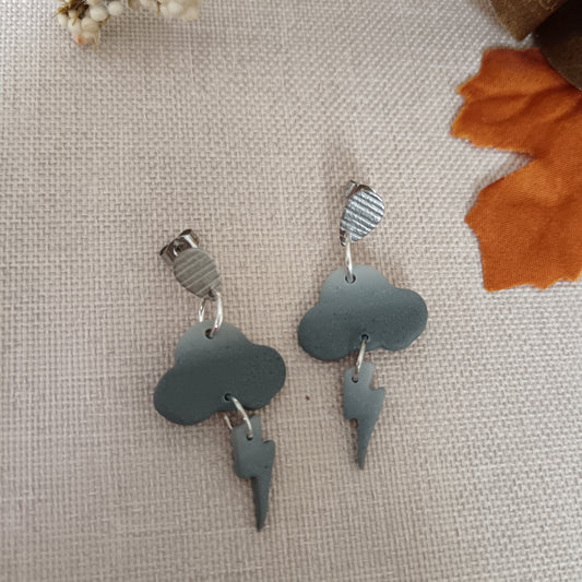 Cloud & Lightening Bolt Dangle Stud Earrings