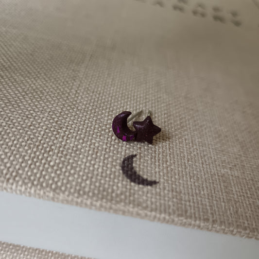 Micro Purple Moon & Star Stud Earrings