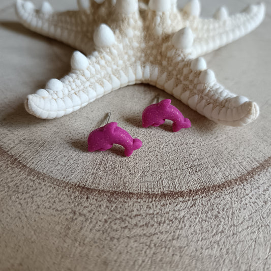 Micro Dolphin Hot Pink Shimmer Stud Earrings