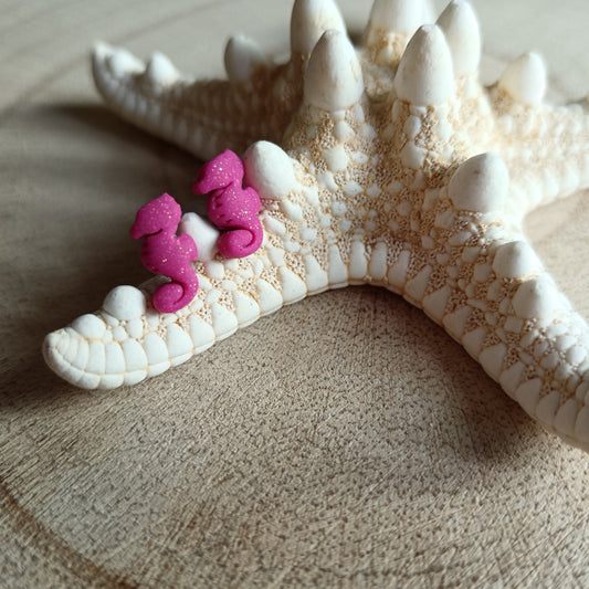 Micro Seahorse Hot Pink Shimmer Stud Earrings