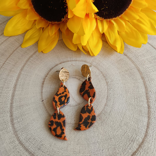 Giraffe Cracked Effect Print Orange & Black Dangle Stud Earrings
