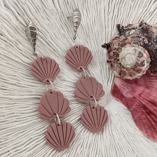 Triple Shell Dusky Pink Dangle Stud Earrings