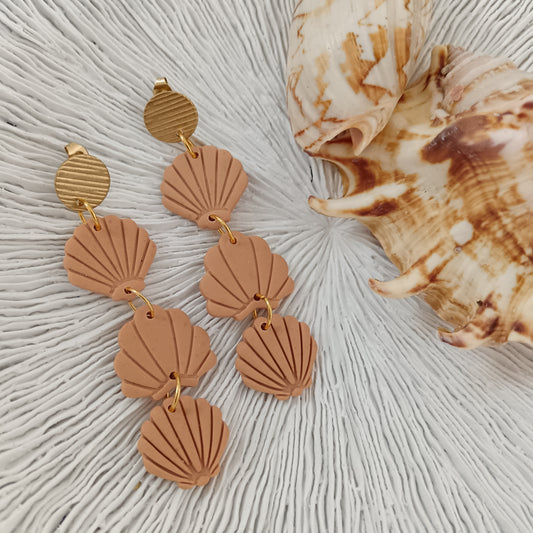 Triple Shell Peach Orange Dangle Stud Earrings