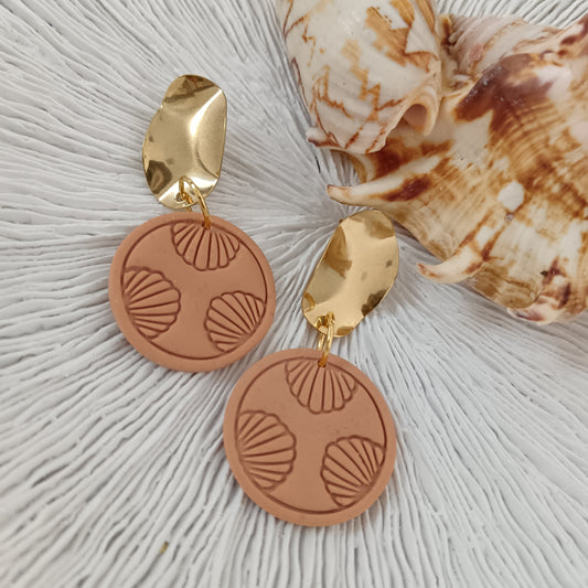 Shell Embossed Peach Orange Stud Earrings