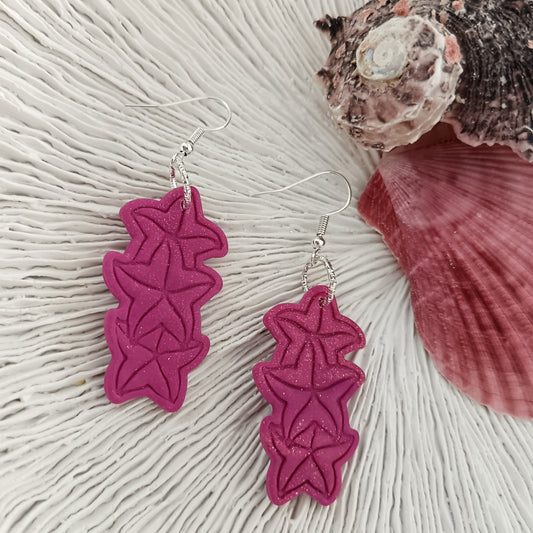 Triple Stacked Starfish Hot Pink Hook Earrings