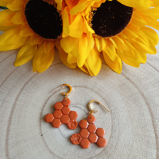 Bee & Honeycomb Orange & Gold Half Huggie Hoop Earrings