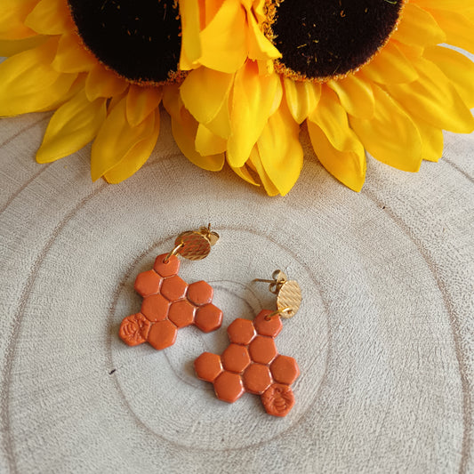 Bee & Honeycomb Orange & Gold Stud Earrings