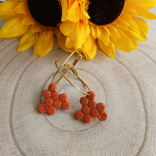 Bee & Honeycomb Orange & Gold Hoop Earrings