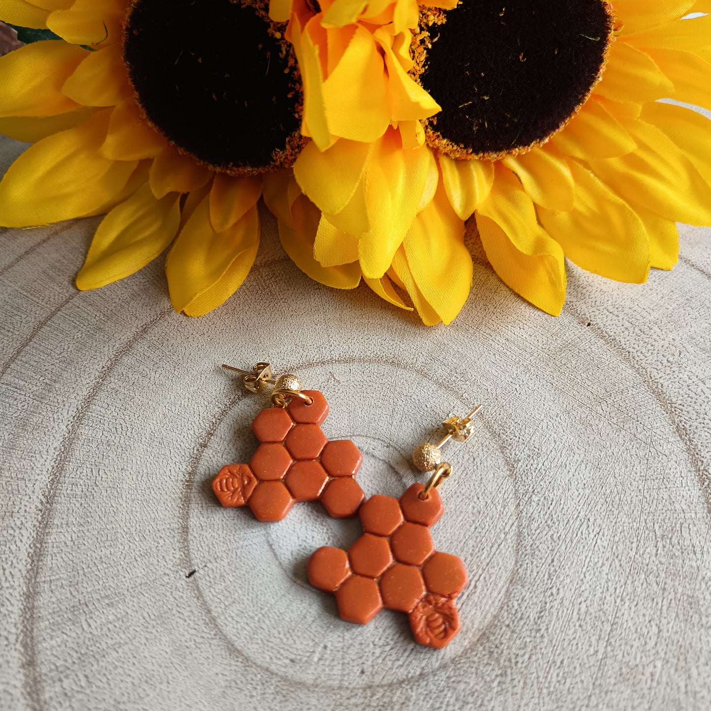 Bee & Honeycomb Orange & Gold Stud Earrings