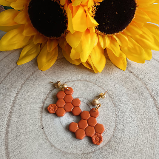Bee & Honeycomb Orange & Gold Stud Earrings
