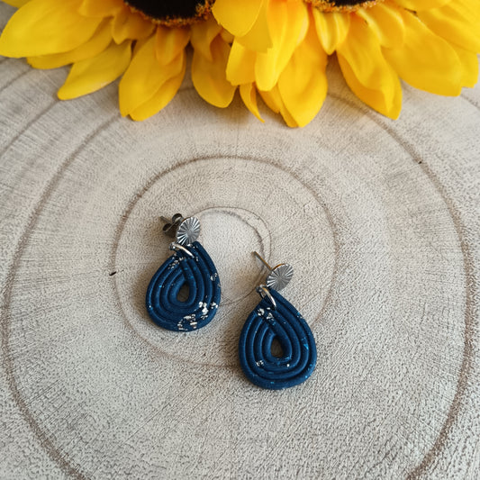 Retro Navy Blue & Silver Drop Stud Earrings
