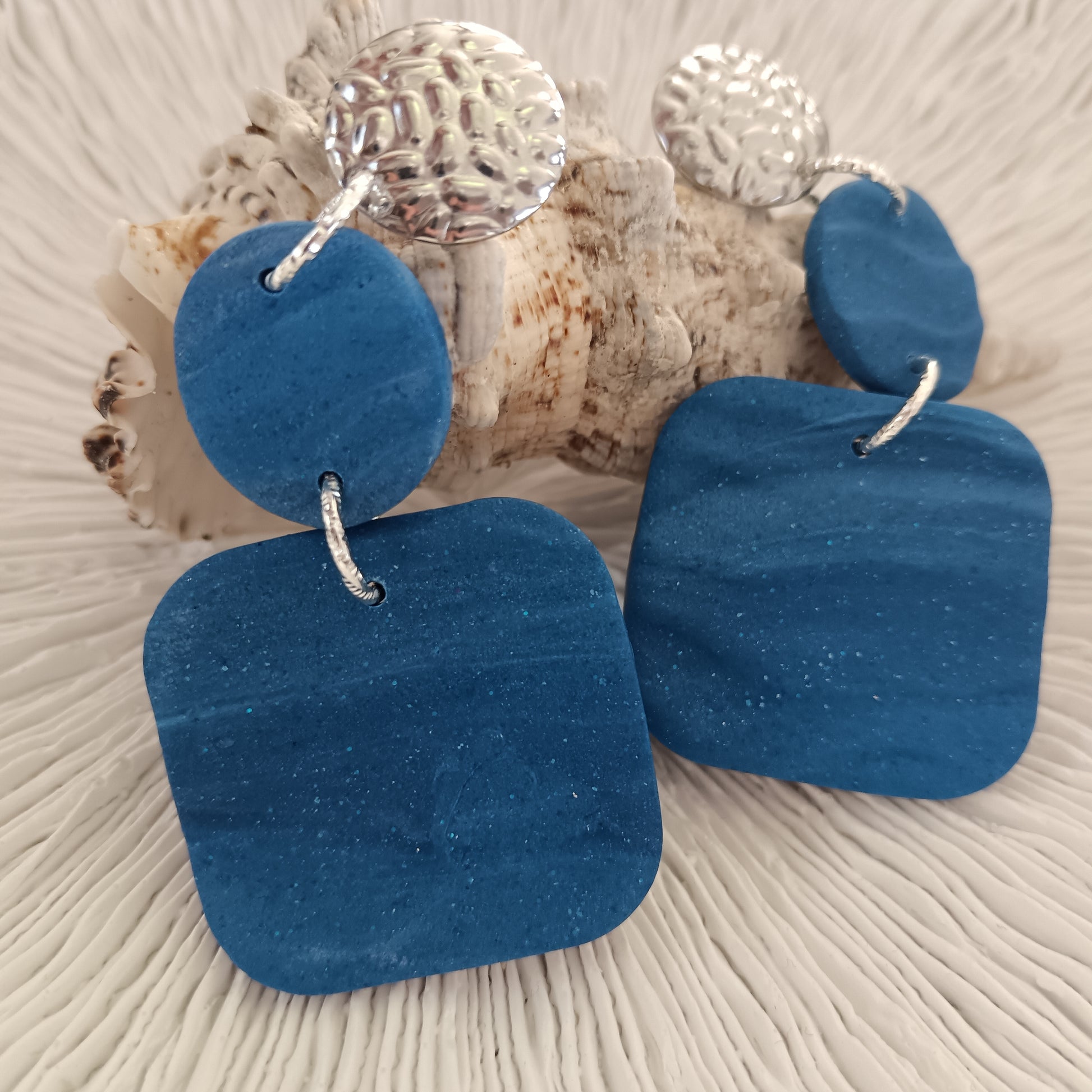 Sea Inspired Wave Textured Blue Dangle Stud Earrings