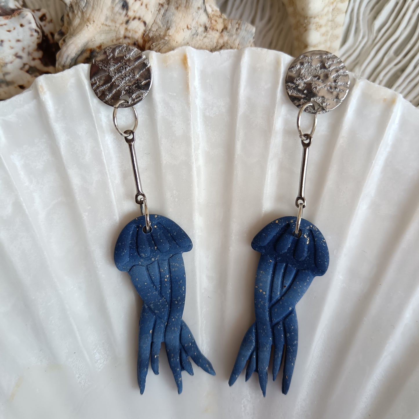 Jellyfish Denim Blue & Silver Dangle Stud Earrings