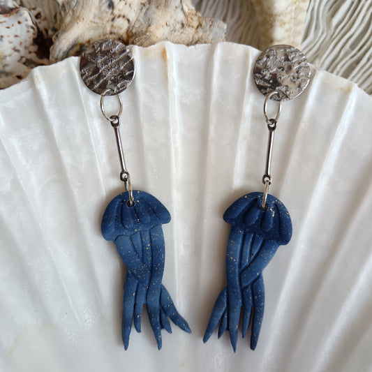 Jellyfish Denim Blue & Silver Dangle Stud Earrings