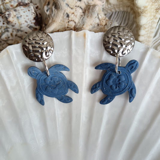 Turtle Denim Blue & Silver Stud Earrings