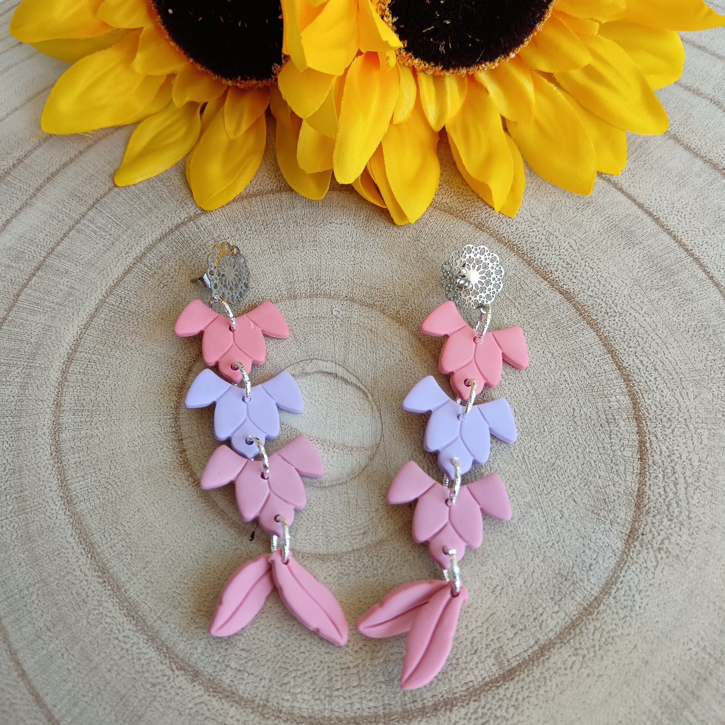 Boho Feather Pastel Pink & Purple Dangle Stud Earrings