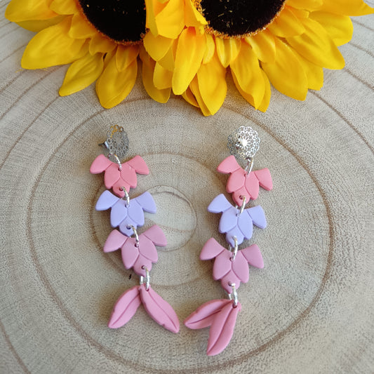 Boho Feather Pastel Pink & Purple Dangle Stud Earrings