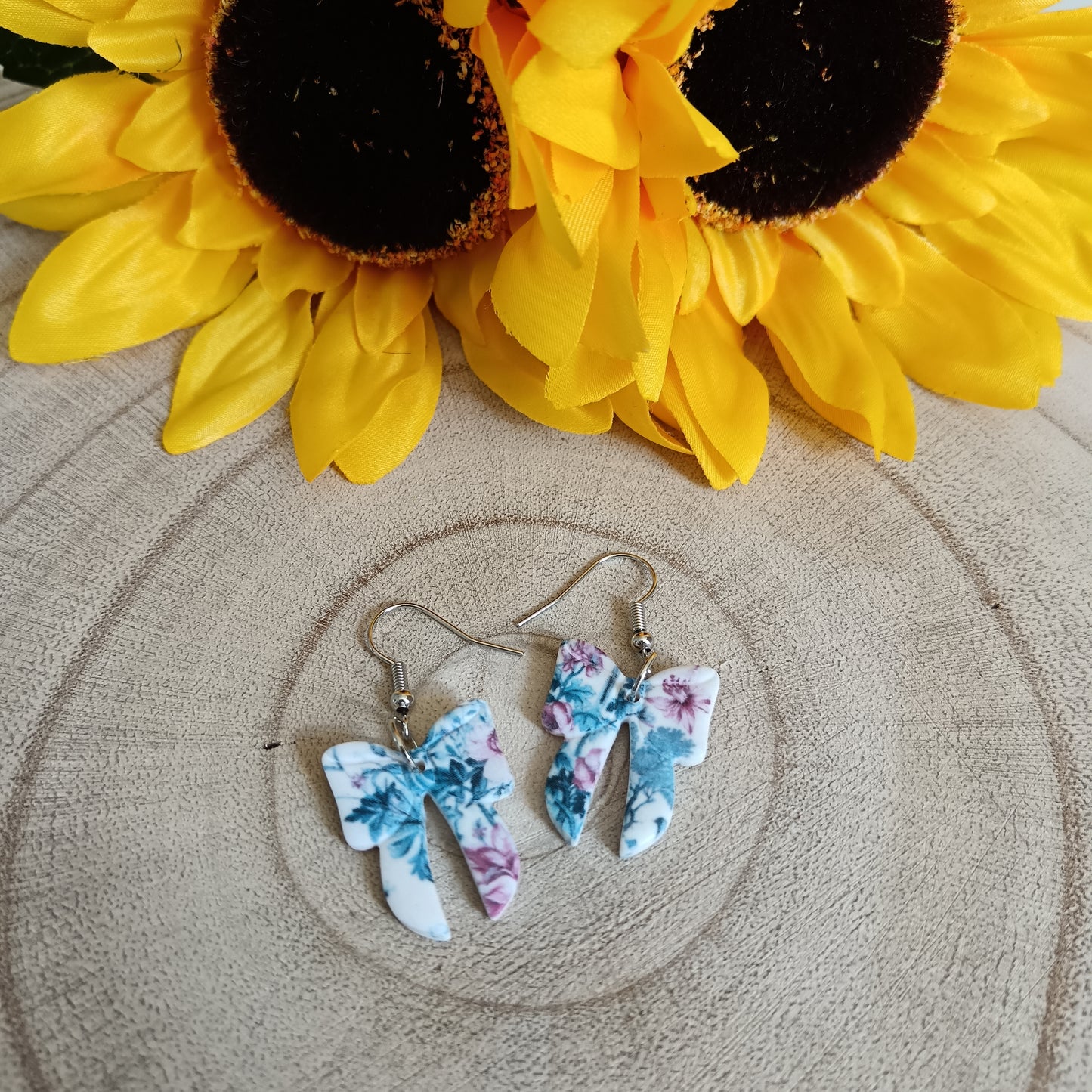 Bow Blue Vintage Print Hook Earrings
