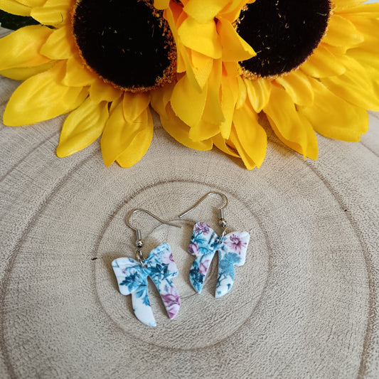 Bow Blue Vintage Print Hook Earrings