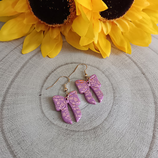 Bow Pink & Rose Gold Patterned Hook Earrings