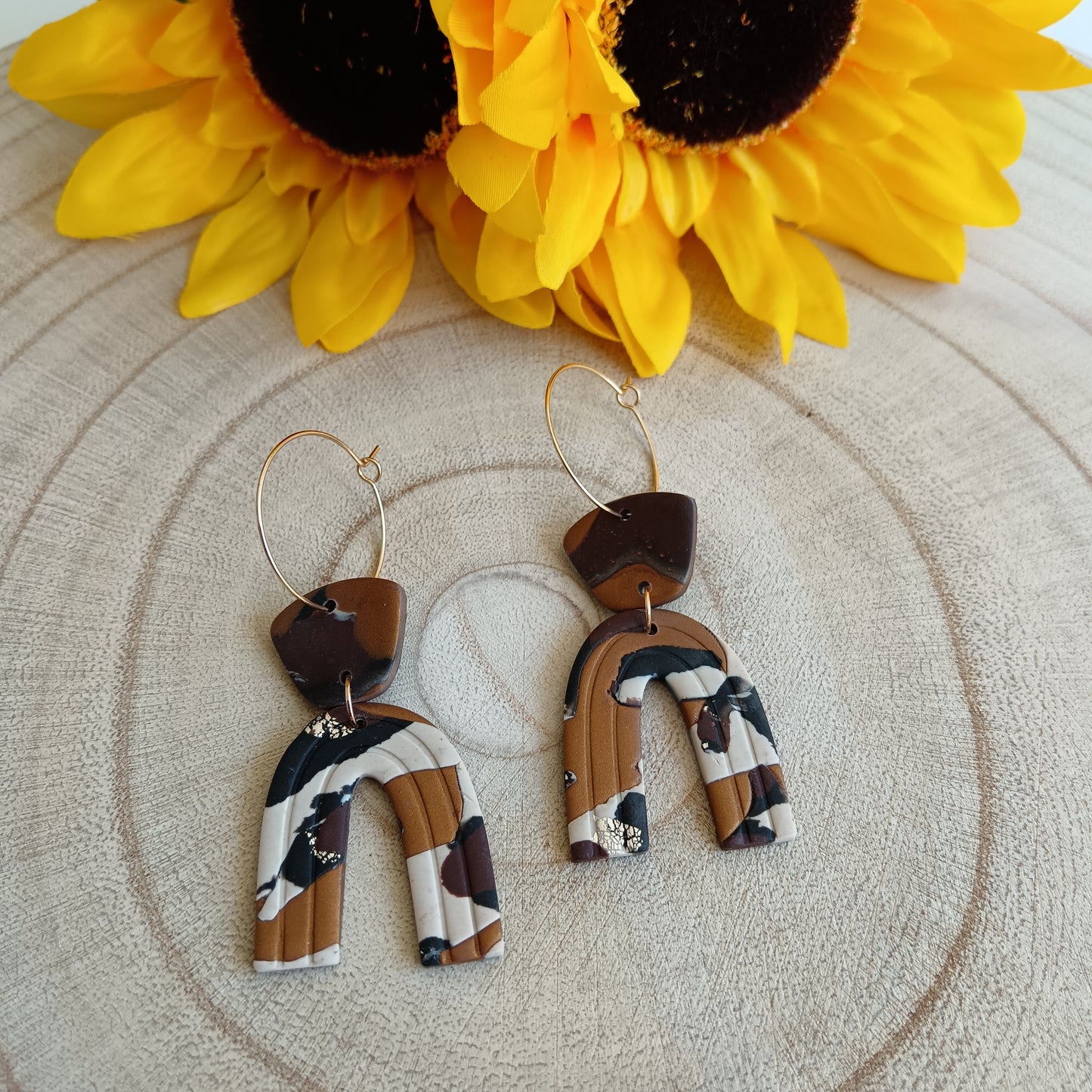 Arch Brown, Black, Cream & Gold Dangle Hoop Earrings