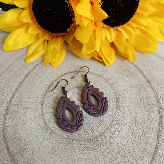 Floral Embossed Burgundy Hook Earrings