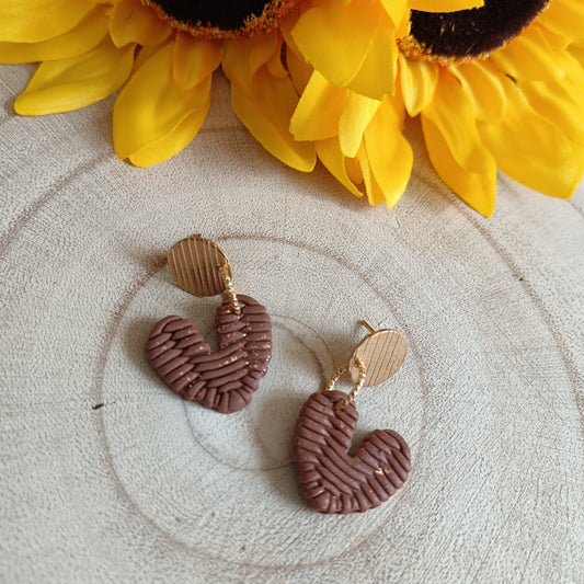 Rattan Heart Brown & Gold Stud Earrings