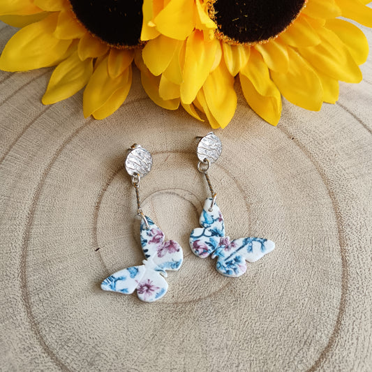 Butterfly Blue Vintage Print Stud Earrings