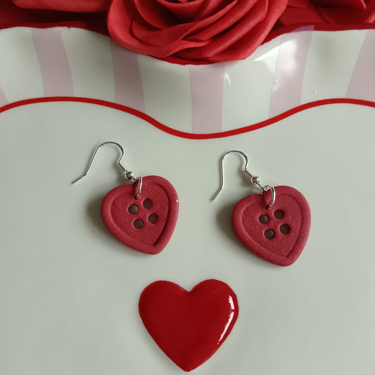 Heart Button Red Dangle Hook Earrings