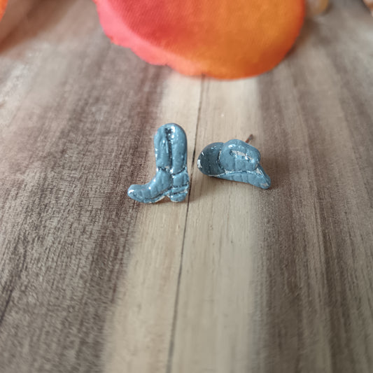 Micro Cowgirl Grey & Silver Boot & Stetson Stud Earrings