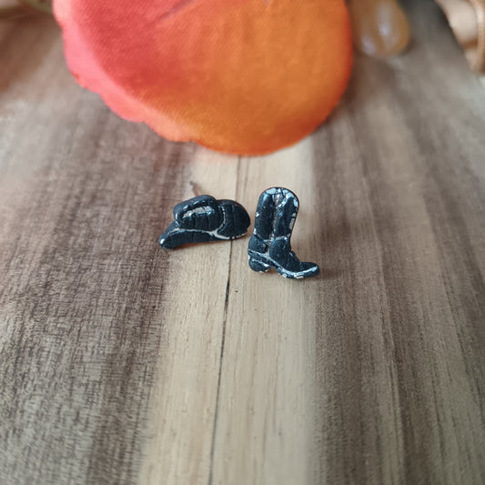 Micro Cowgirl Black & Silver Boot & Stetson Stud Earrings