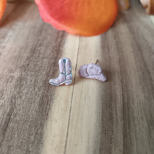 Micro Cowgirl Baby Pink & Silver Boot & Stetson Stud Earrings