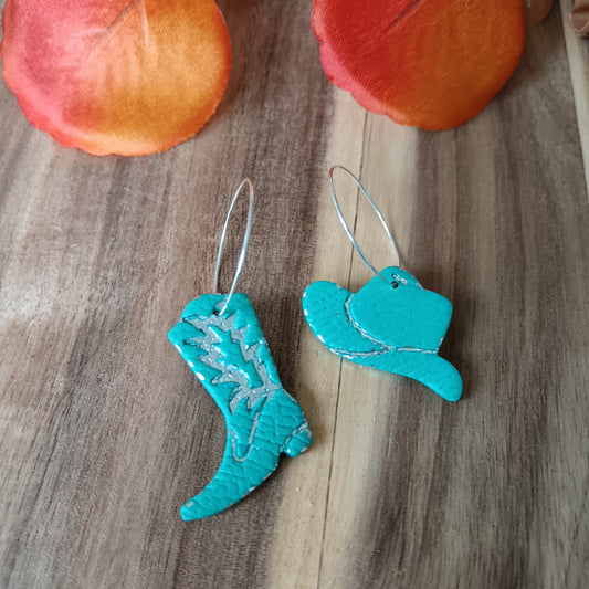 Cowgirl Boots & Stetson Leather Texture Turquoise & Silver Hoop Earrings