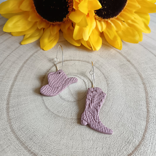 Cowgirl Boots & Stetson Leather Texture Pink Hooks Earrings